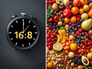 Intermittent fasting klok naast een bord met gezonde voeding voor optimale resultaten