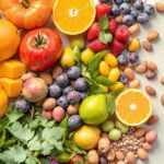 Diverse verse groenten, fruit, noten en kruiden voor natuurlijke ontgifting